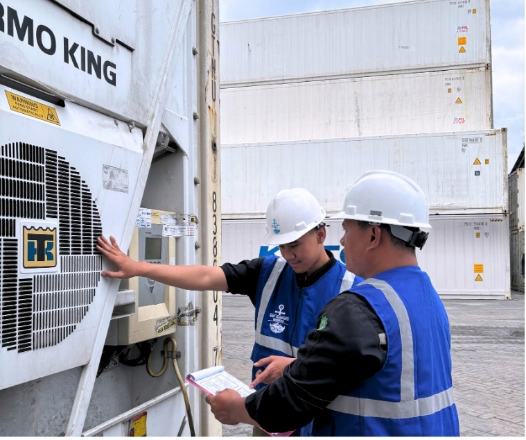Reefer containers at logistics terminal ready for shipment
